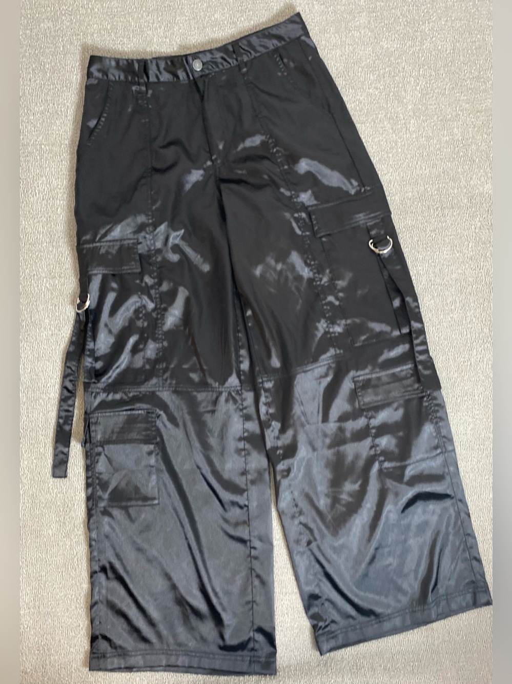 Almost Famous Black Satin Wide Leg Blokecore Utility High Rise Pants